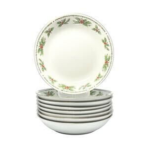 Set of 8 Vintage “Holly” Christmas Porcelain Coupe Soup Bowls 7 1/2” Centurion
